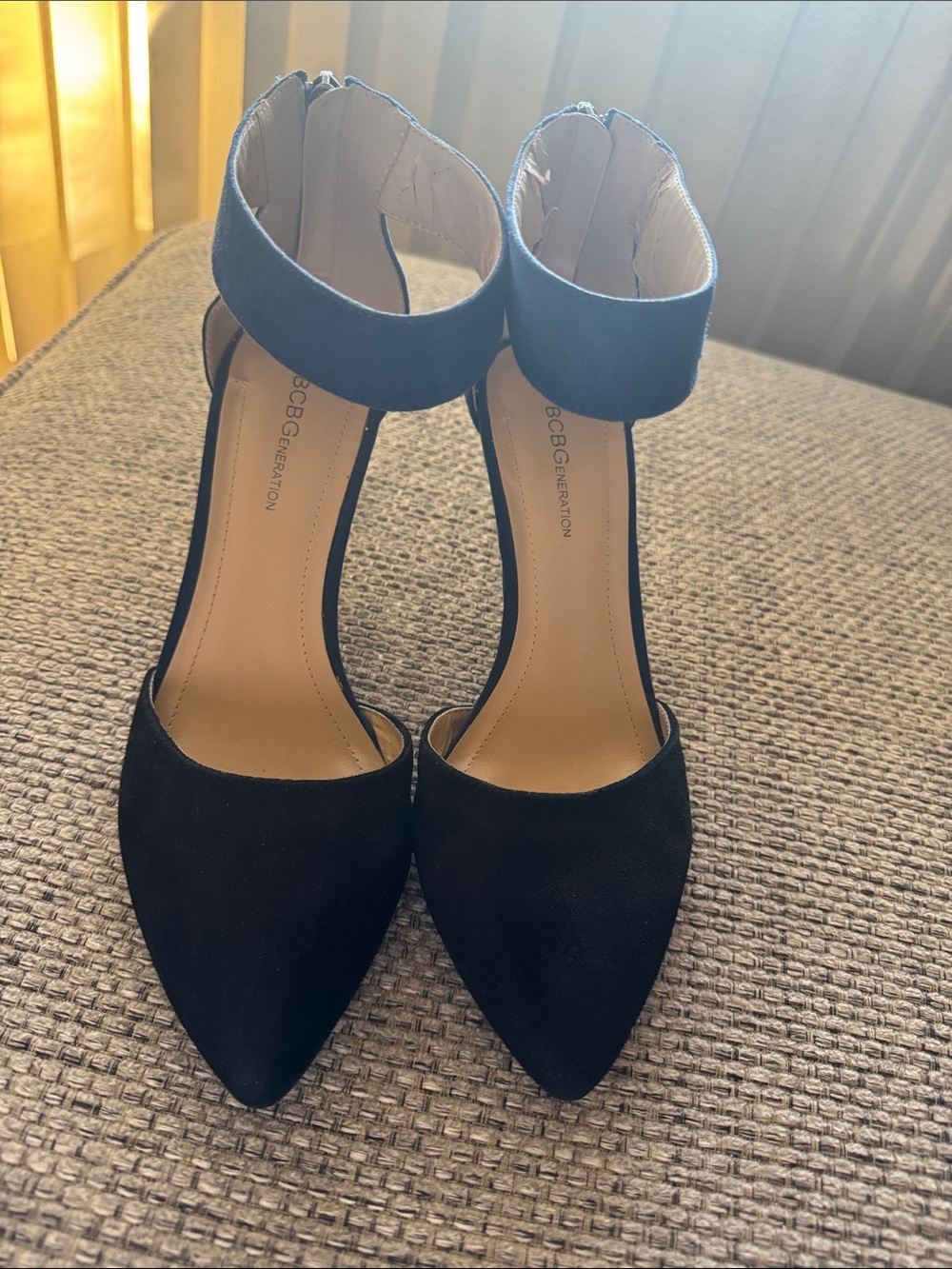BCBGeneration Black Pointed-Toe Ankle Strap Heels